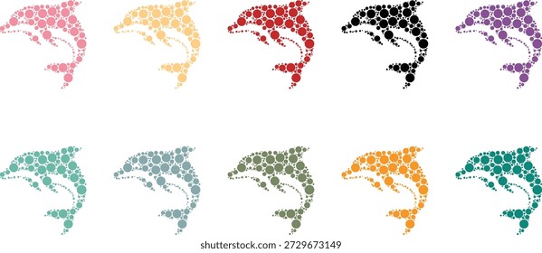 Silhuetas de golfinhos formadas por círculos em muitas cores, mosaico de animais marinhos em arte circular