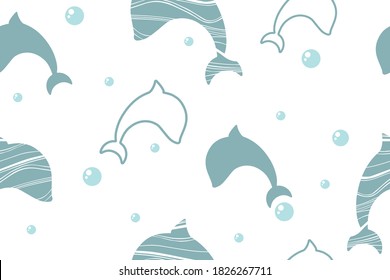 Dolphin. Silhouettes and outlines of marine animals. Bubbles. Seamless pattern in delicate turquoise color