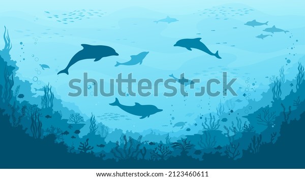 Dolphin silhouettes, seaweed and reef, fish school\
on underwater landscape. Sea bottom flora and fauna, seafloor world\
vector background. Deep sea life nautical wallpaper with dolphin\
pod, corals