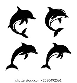 dolphin silhouettes set in black color simple and clean vector illustration on a white background.
