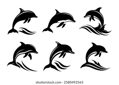 dolphin silhouettes set in black color simple and clean vector illustration on a white background.
