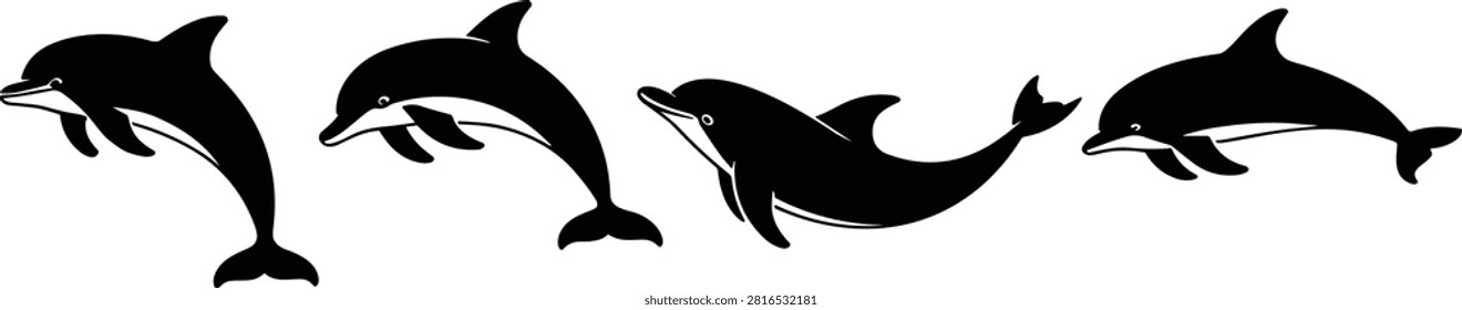 Dolphin silhouettes in various poses, swimming and leaping motion, minimalistic vector design, aquatic wildlife anatomy, playful marine illustration