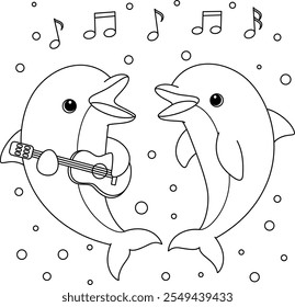 Dolphin Singing and Playing Guitar Coloring Page. Funny animal illustration colouring 