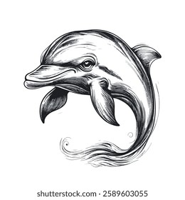 Dolphin sketch black and white engraving drawing. 3 colors EPS 10 vector illustration