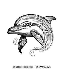 Dolphin sketch black and white engraving drawing. 3 colors EPS 10 vector illustration