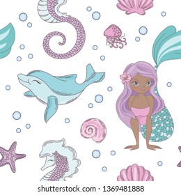 DOLPHIN SMILE Mermaid Seamless Pattern Vector Illustration