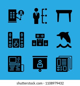 dolphin, sound system, manager, office block, presentation, table, newspaper, sound system and news paper vector icon. Simple icons set