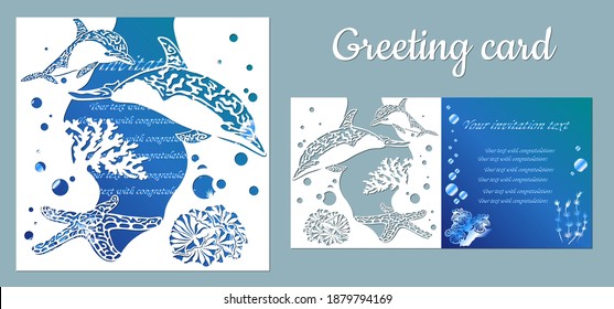 Dolphin, starfish, seaweed. template for making a postcard. vector image for laser cutting and plotter printing. fauna with marine animals.