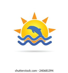 dolphin with sun icon color vector illustration