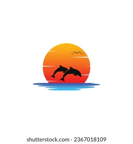 Dolphin con gráficos vectoriales del logotipo de la puesta del sol