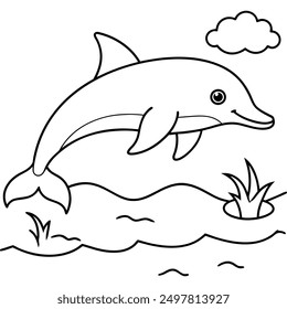Dolphin swim on the pond. Hand draw outline illustration. 
