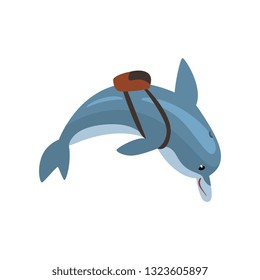 Dolphin Swimming with Backpack, Cartoon Sea Animal Character Vector Illustration
