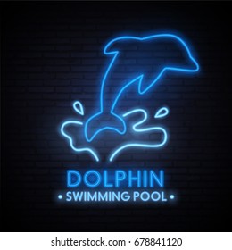 Dolphin swimming pool. Neon bright sign. Logo. Bright Banner. Dolphin, sea, sun. Emblem. Vector image