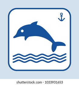 Dolphin swimming in the sea or ocean. Sign anchor. Marine theme. Dark blue silhouette. Vector illustration
