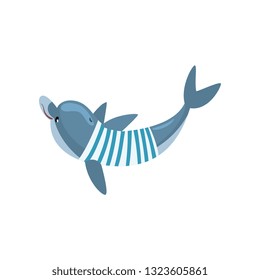 Dolphin Swimming Waring Nautical Frock, Cartoon Sea Animal Character Vector Illustration