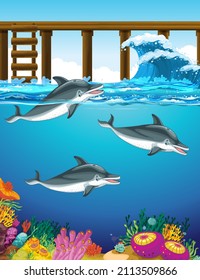 Dolphin swimming in the water with wooden pier  illustration