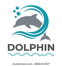 Dolphin swimming in wave with bubbles marine animal graphic design icon