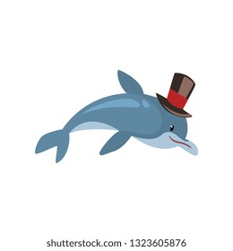 Dolphin Swimming Wearing Black Top Hat, Cartoon Humanized Sea Animal Character Vector Illustration