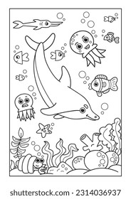 A dolphin swims under the water, many fish, octopuses. At the bottom are sea crabs and many plants. Black and white vector illustration for coloring book.