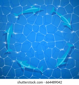 Dolphin swims under the water. Shining blue water ripple pool abstract vector background
