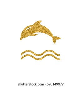Dolphin symbol. Design of logo with dolphin and label. Gold glitter design element. Vector.