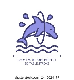 Icono de color RGB perfecto para el píxel truco de delfín. Saltando a través del aro. Espectáculo acuático Dolphinarium. Entretenimiento acrobático. Ilustración vectorial aislada. Dibujo de líneas rellenas simples. Trazo editable