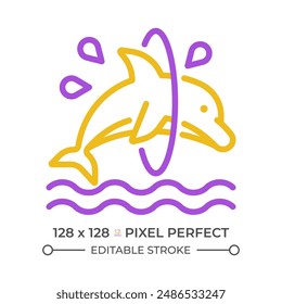 Dolphin trick pixel perfect two color line icon. Jumping through hoop. Dolphinarium. Acrobatic entertainment bicolor outline symbol. Duotone linear pictogram. Isolated illustration. Editable stroke