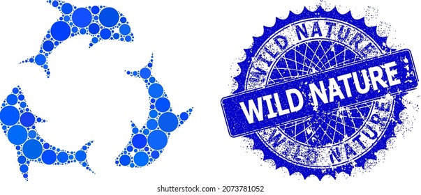 Mosaico vectorial del trío delfín de puntos redondos de varios tamaños y tintos de color azul, y peligro Sello de naturaleza salvaje. El sello de sello rosette azul redondo y agudo incluye texto de naturaleza salvaje dentro de él.