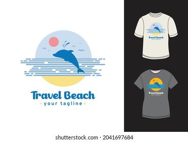 Dolphin t-shirt design with sunset and retro colors, clean and professional design