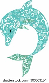 Dolphin turquoise, an animal with drawing, fish with a pattern and flowers, a mammal sea, a dolphin in a jump, a happy animal, a sea animal with fins