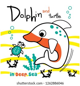 dolphin and turtle funny cartoon,vector illustration