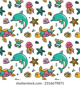 Dolphin, turtle, jellyfish, starfish and other ocean animals. Summer print for kids textil and products. Vector.