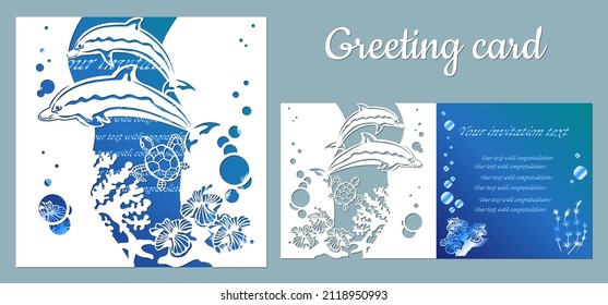 Dolphin, turtle, seaweed. template for making a postcard. vector image for laser cutting and plotter printing. fauna with marine animals