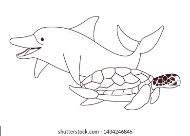 dolphin and turtle swimming together icon cartoon isolated in black and white vector illustration graphic design