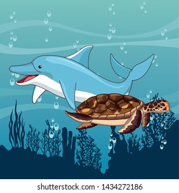 dolphin and turtle swimming together icon cartoon isolated at the bottom of the sea with underwater vegatation vector illustration graphic design