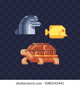 Dolphin turtle and tropical fish exotic animal pixel art icons set, isolated vector illustration. 8-bit sprite. Design for children book, stickers, logo, mobile app.