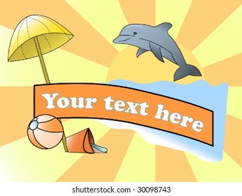 dolphin, umbrella, beachball in front of sun
