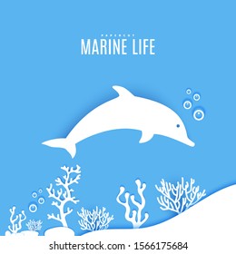 Dolphin under sea in paper cut style. Papercut 3d element marine life undersea algae and coral. Vector ecological concept. Craft cardboard underwater ocean in blue white color.