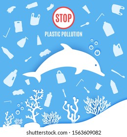 Dolphin under sea plastic trash floats around in paper cut style. Poster design template stop ocean plastic pollution. Vector ecological concept. Craft cardboard underwater ocean in blue white color