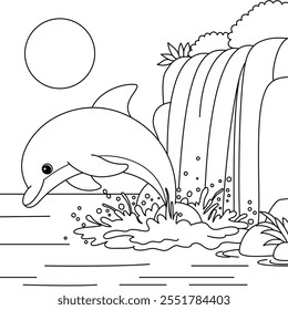 Dolphin Under a Waterfall Coloring Page for Kids. Funny animal outline illustration