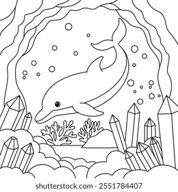 Dolphin in an Underwater Cave Coloring Page for Kids. Funny animal outline illustration