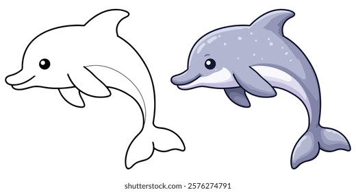 Dolphin in Underwater Line Art Vector Illustration Black and White with Coloring Sample. Bold and Easy Food, Animal and Ocean Coloring Pages for Adults and Kids