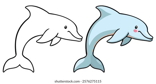 Dolphin in Underwater Line Art Vector Illustration Black and White with Coloring Sample. Bold and Easy Food, Animal and Ocean Coloring Pages for Adults and Kids