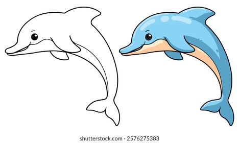 Dolphin in Underwater Line Art Vector Illustration Black and White with Coloring Sample. Bold and Easy Food, Animal and Ocean Coloring Pages for Adults and Kids