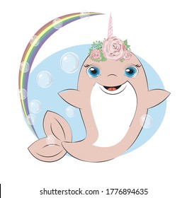 dolphin unicorn girl have fun in bubble background. Picture in hand drawing cartoon style, for t-shirt wear fashion print design, greeting card, postcard. baby shower. party invitation
