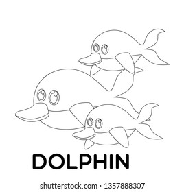 dolphin, vector animal cartoon, coloring book or page