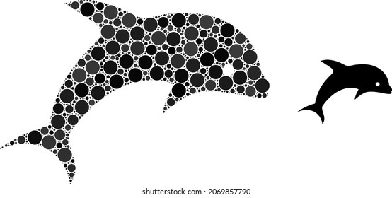 Dolphin vector collage of circle dots in different sizes and color shades. Round dots are composed into dolphin vector collage. Abstract vector design concept.