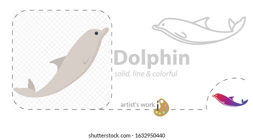 Dolphin vector flat illustration, solid, line icon