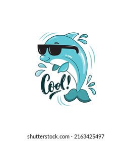 Dolphin vector illustration. Cute smiling character for icon, card, logo. Hand drawn cartoon animal print for kids or babies t-shirt design, sticker, greeting card. Cool! handwritten text, lettering 