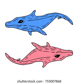 Dolphin vector illustration. Doodle style. Design, print, logo, decor, textile, paper